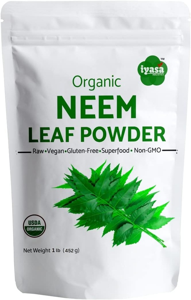 Iyasa Holistics Organic Neem Powder Ayurveda herb and superfood, Supports Blood and Liver Purification, Promotes Healthy Hair and Clear Skin, Resealable Bag of 16 oz/ 453g