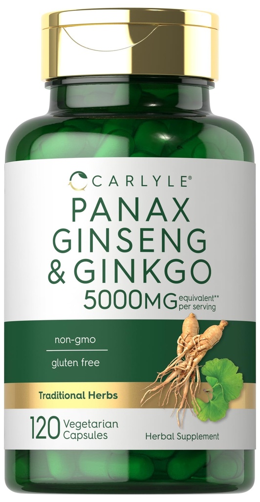 カーライル・パナックス・ギン&イチョウ5000mg | 120 ベジタリアンカプセル | ノンGMO&グルテンフリーサプリメント