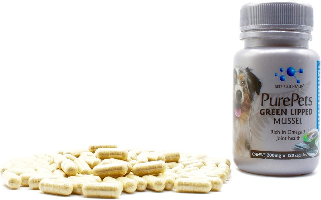 犬と猫のためのピュアペットニュージーランドグリーンリップマスセルカプセル - 200mg x 120カプセル - ヒップ&ジョイントサポート - 100%ナチュラル関節炎痛みの軽減 - モビリティサプリメント炎症管理