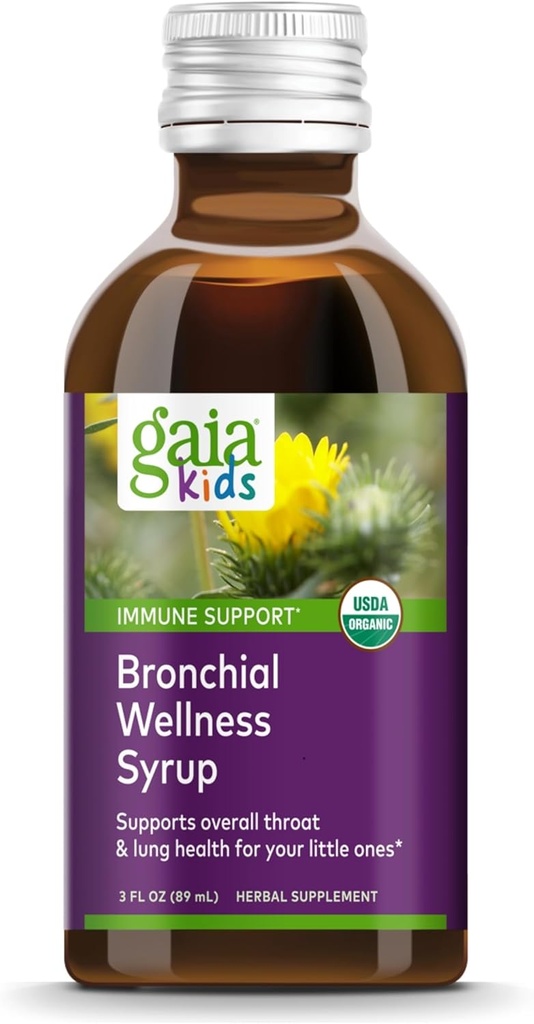Gaia Kids Bronchial Wellness Syrup - 免疫サポートサプリメント - 全体的な喉と肺の健康サポート - 認定オーガニックフォーミュラと英語のプランテン、Grandelia&ハニー - 3 Fl Oz (18のサービング)