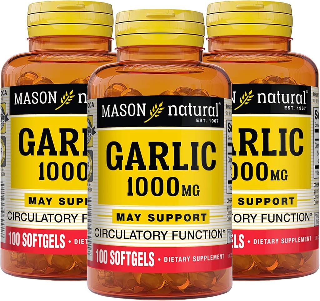 MASON NATURAL Garlic Oil 1000 mg, 300,Day Supply Softgels, Supports Normal Circulatory Function, 3 Pack
