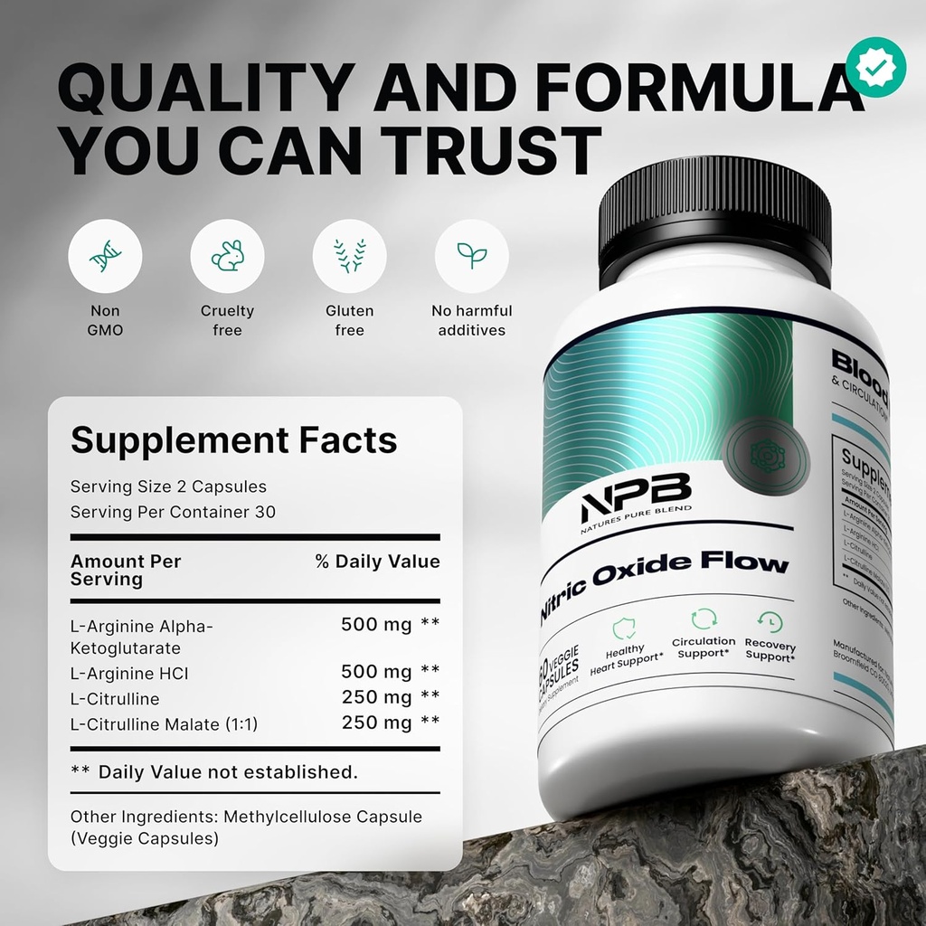 Nature's Pure Blend Nitric Oxide Supplements for Men – L-Arginine L-Citrulline – Heart Support & Flow Circulation Booster – 1500MG L Arginine and L Citrulline, Preworkout, Bodybuilding