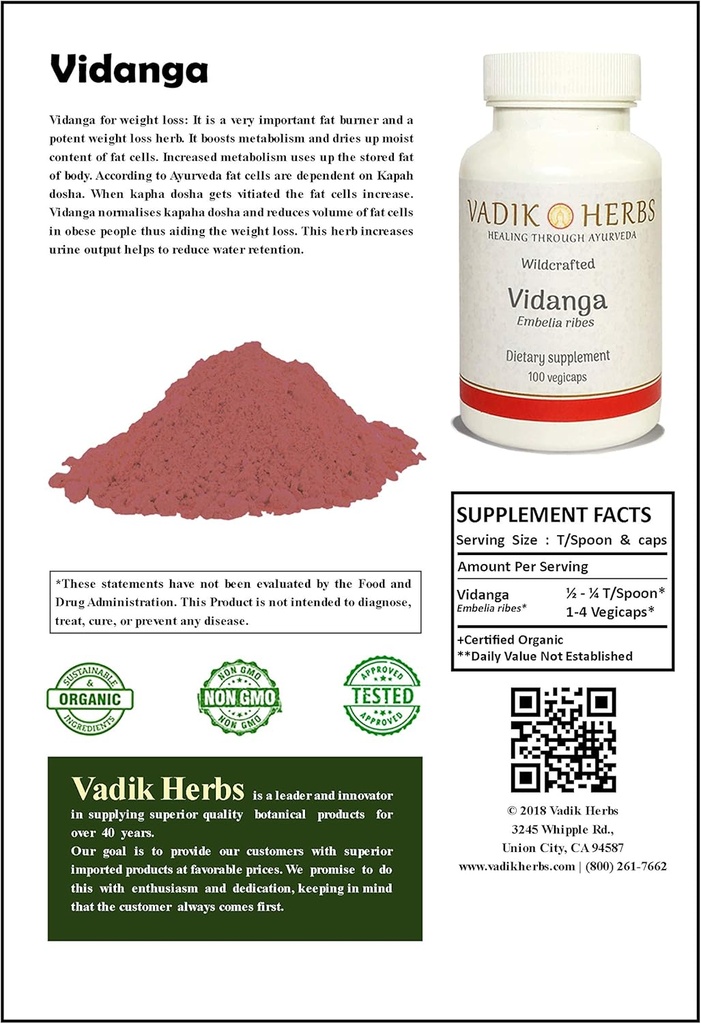 Vadikのハーブは有機性Vidanga (Embeliaの肋骨)の粉1lbを証明しました。 パック | 減量、皮膚の状態、腸の洗剤のための優秀なハーブ