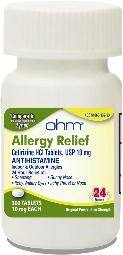OhmHour Antihistamine Cetirizine HCl 10 mgのタブレット、300の計算–Itchy目、Rannyの鼻、ヘイ・ファーバー、Pollenおよび屋内及び屋外のアレルギーのためのオールデーのアレルギーの救助