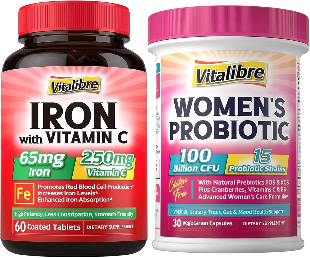 鉄の補足、250mgのビタミンC + Vitalibreの女性のプロバイオティクス100のBillion CFUの15の緊張、w/Prebiotic、クランベリー、ビタミンB6及びVC