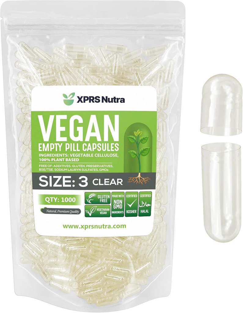 XPRSのNutraのサイズ3の空のカプセル- 1000の計算の明確な空のビーガンのカプセル-ベジタリアンの丸薬-DIYの野菜カプセルの詰物- Veggieの丸薬の帽子
