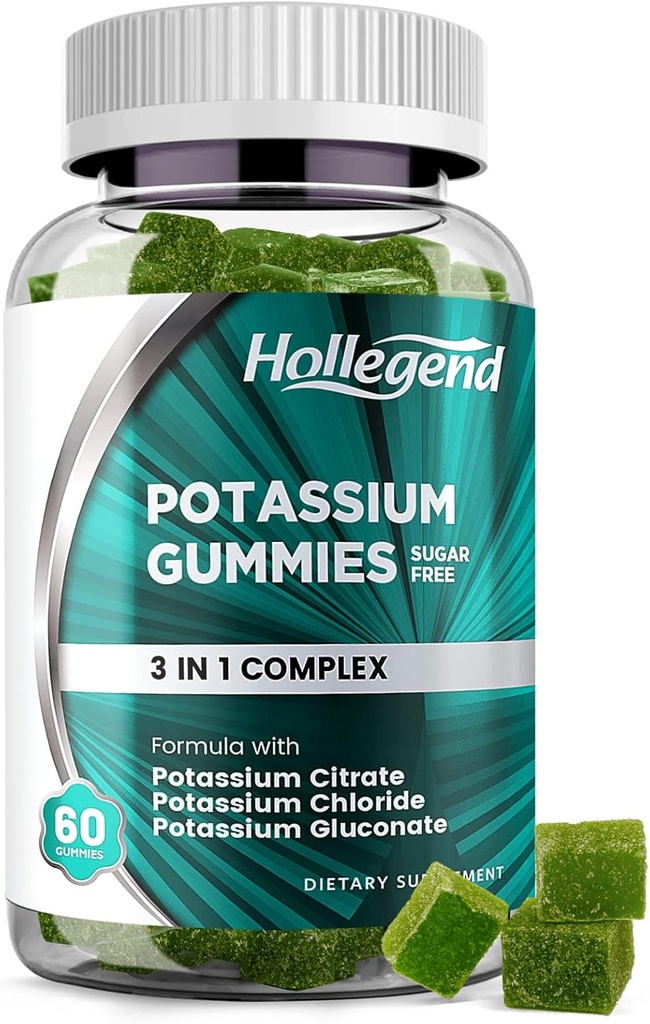 Potassium 3 in 1 Complex Gummies Sugar Free, New Formula with 99mg Potassium Citrate, Potassium Chloride, Potassium Gluconate, Leg Cramps & Muscle Supplements, 60 Chewables
