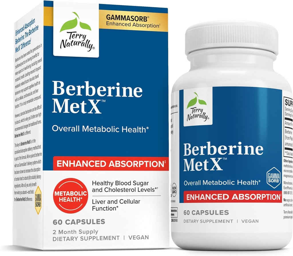 Terry Naturally Berberine MetX Extra Strength - 脳と肝臓の健康サポートサプリメント - インドのBarberry Root抽出物とサプリメント - 代謝の健康サポートのためのビーガンカプセル - 60カプセル
