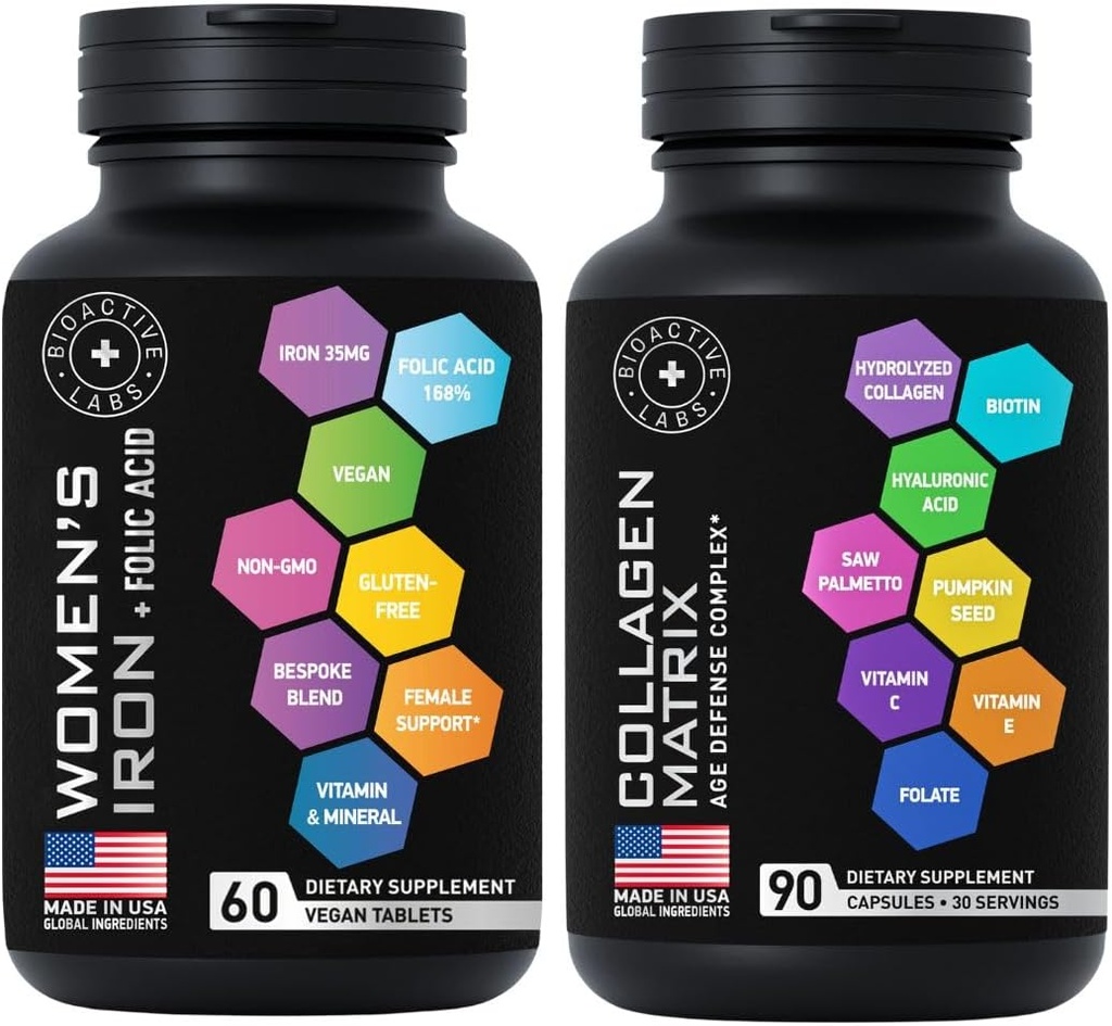 女性のための美容コラーゲンコンプレックスとビーガンアイアンサプリメント - 年齢防衛バンドル