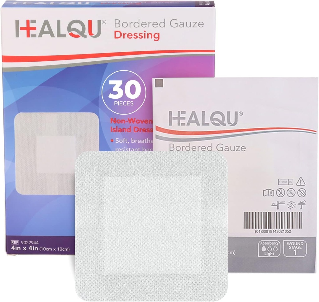 HEALQUの島のドレッシング - 4"x4」、30の計算 - ボーダーされたガーゼの生殖不能の個人的に包まれたガーゼのパッド、水抵抗剤、非編まれた裏付け - ファースト・エイドおよび医学のための柔らかく、通気性の傷のドレッシング