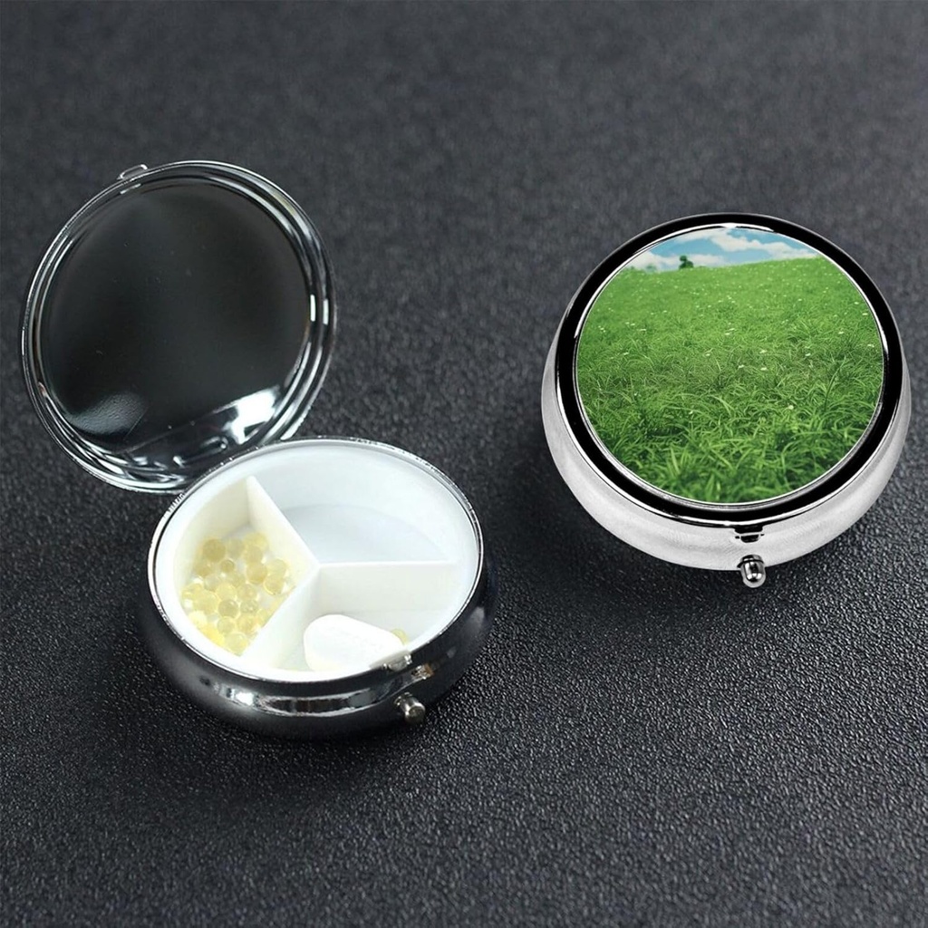 丸薬箱3のコンパートメントの財布及びポケットのための小さい丸薬の箱、かわいい小型丸薬のオルガナイザーの緑の芝生の金属の旅行Pillboxのビタミン、魚油を握る携帯用丸薬の容器のホールダー