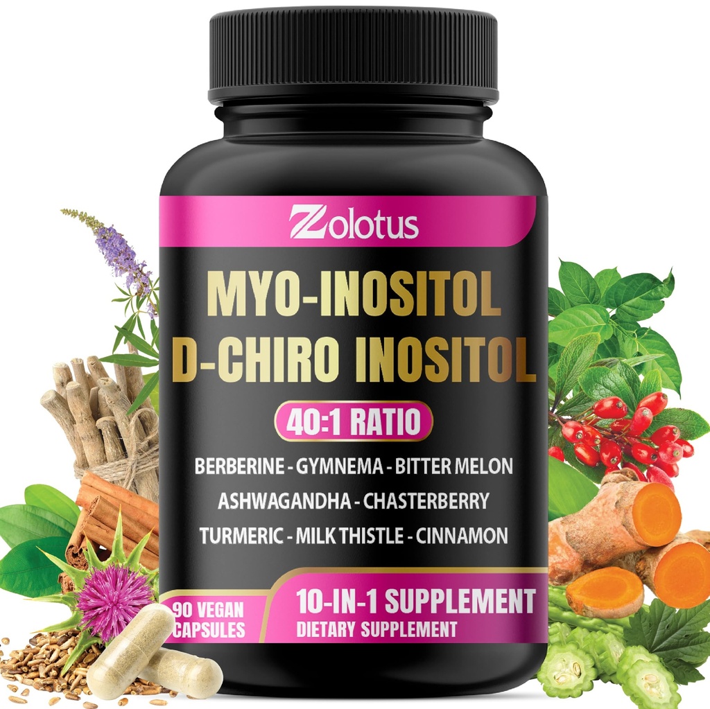 Zolotus Myo-Inositol&D-Chiro Inositolの理想的な比率のイノシトールは、ビターメロン、ミルクの本質、Turmeric、体育館、Chasteberry、Ceylon Cinnamon、Ashwagandha、Berberine - 90のカプセルと補います