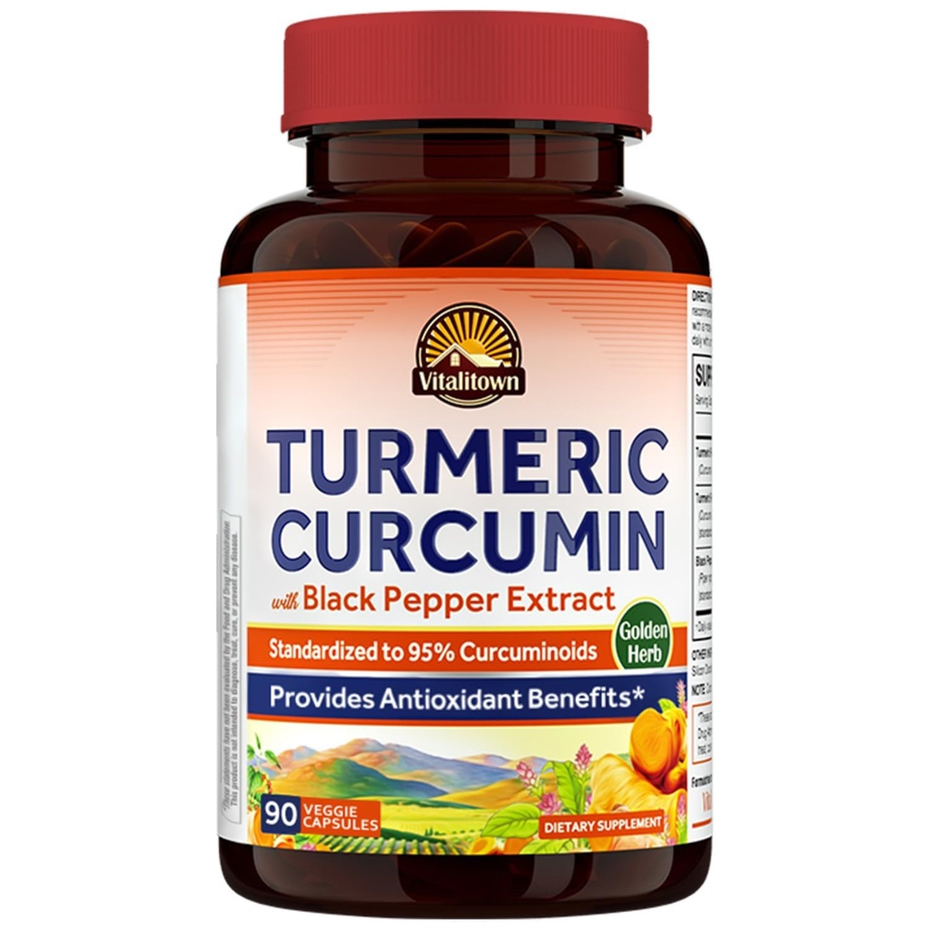 Vitalitownのターメリックのクルクミンの根+黒のコショウ、1800MG、インドは成長しました、95%の標準化されたクルクミノイド、超効力、2000%吸収、無鉛かグルテン、ビーガン サポート、90のct