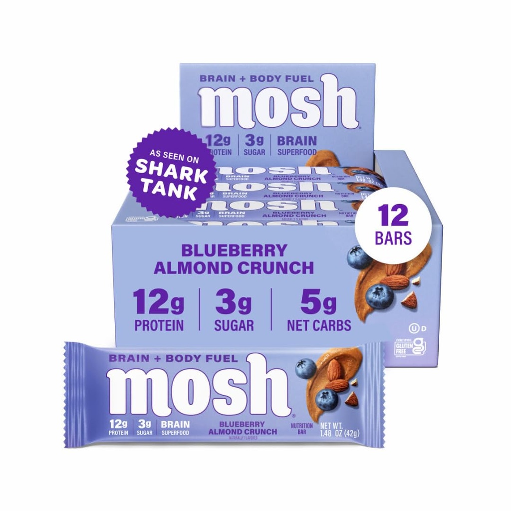 MOSHブルーベリーアーモンドクランクランチケトプロテインバー、ハイファイバ、低炭水化物、グルテンフリー、高タンパク質、脳ヘルシースナック、12カウント