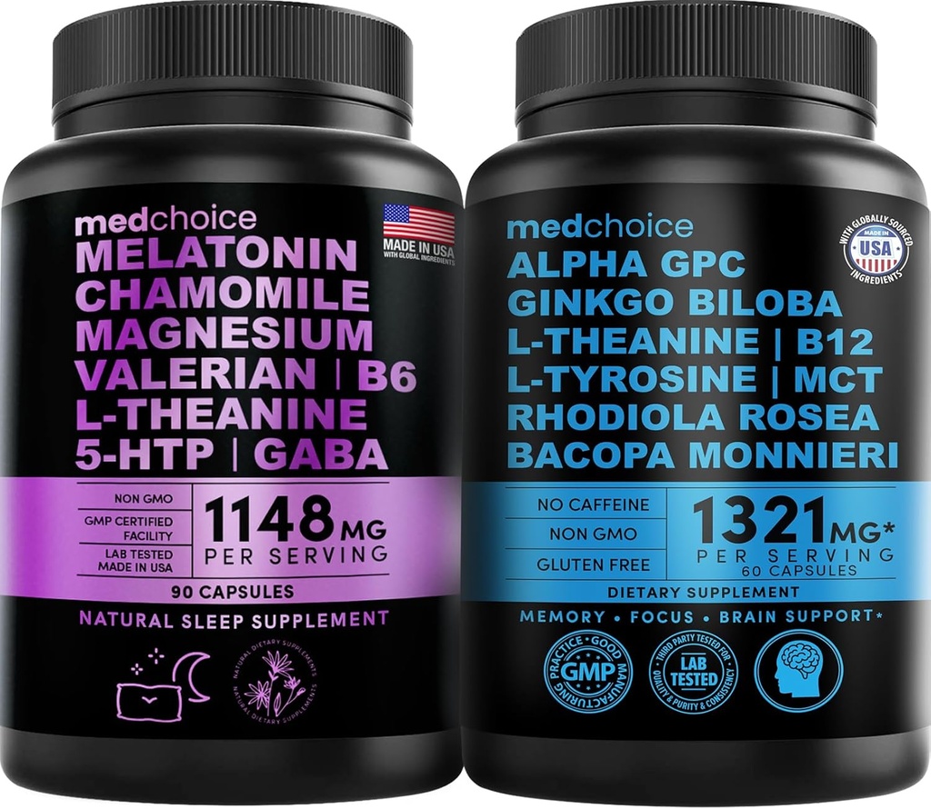 MEDCHOICE睡眠メラトニン(90ct)と向知性脳(60ct)サプリメントバンドル - 眠りのためのウェルネスデュオ, 脳, フォーカス, & 気分のサポート - ビーガン, 非GMO, グルテンフリー