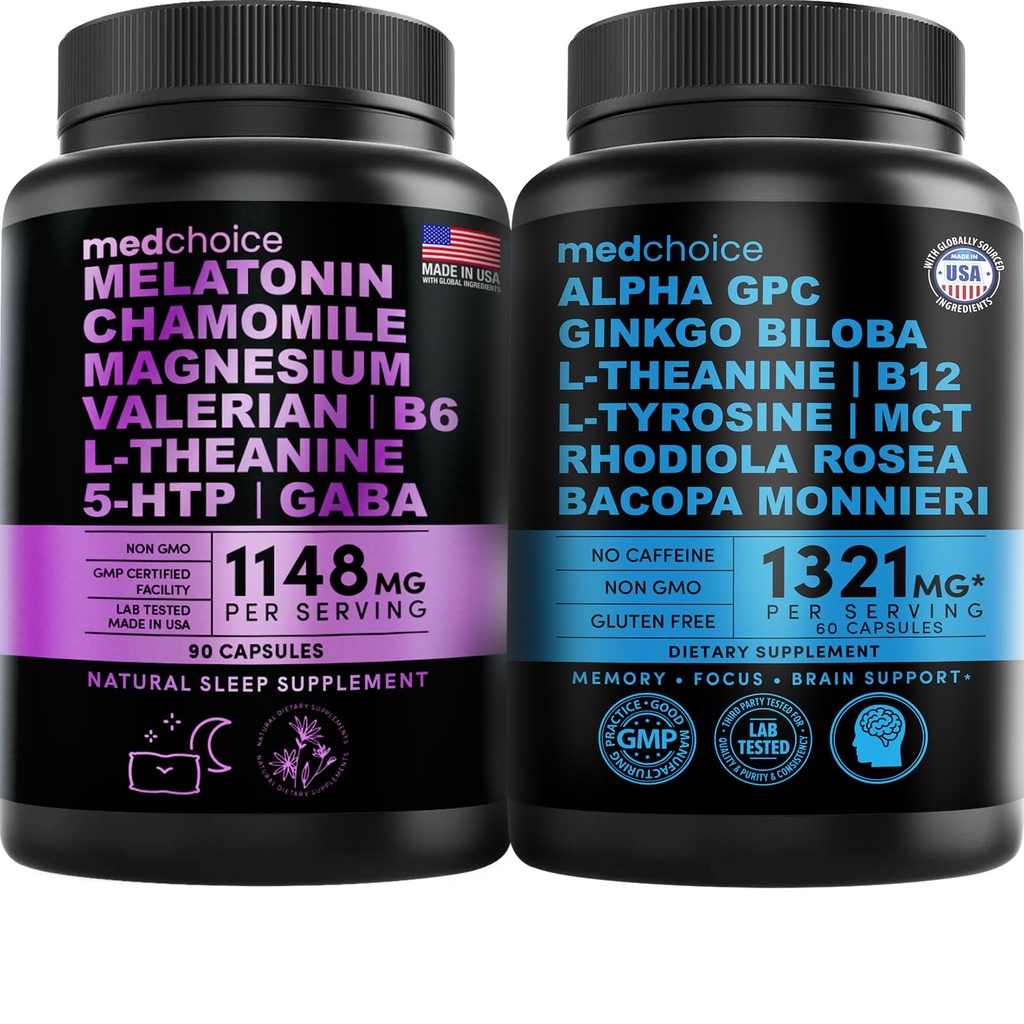MEDCHOICE睡眠メラトニン(90ct)と向知性脳(60ct)サプリメントバンドル - 眠りのためのウェルネスデュオ, 脳, フォーカス, & 気分のサポート - ビーガン, 非GMO, グルテンフリー