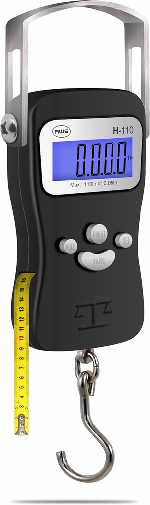 AWSのデジタル荷物のスケール、魚の天秤ばかり、掛かるスケール110lb/50kg - ダイカストで形造られたテープ測定、ホック及びハンドル–のための旅行、釣り、アーチェリー、探求、屋外(黒)