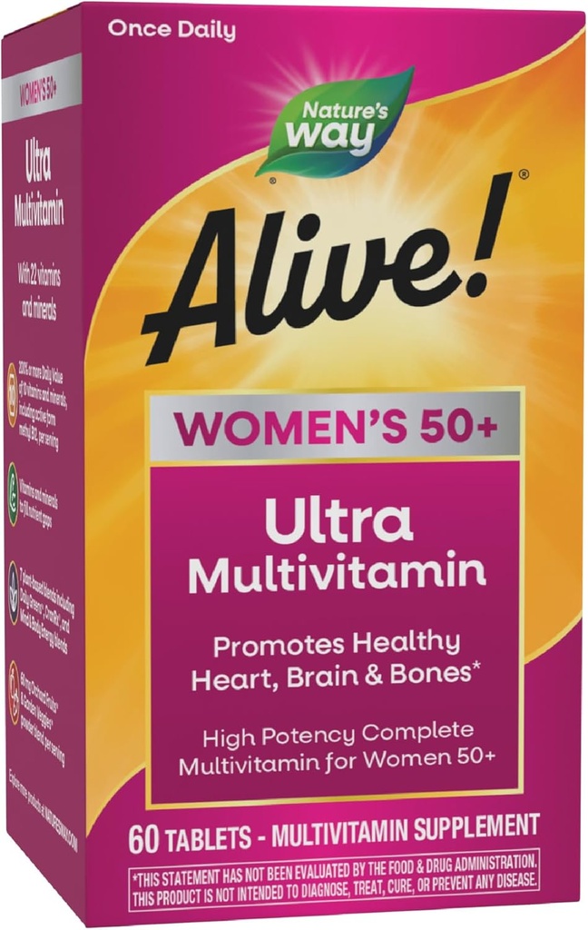 Nature’s Way Alive! Vitamins for Women 50 Plus, Complete Multivitamin, High Potency Formula, with Methylated B12, Gluten-Free, 60 Tablets