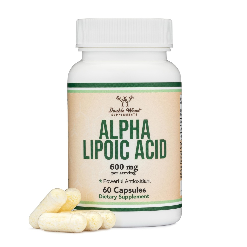 アルファリポ酸600mg/サービング、60カプセル(サードパーティーテスト、非GMO、グルテンフリー、ビーガンセーフ)ニューロパシーと心臓の健康(ALAサプリメント)のための強力な抗酸化剤ダブルウッド