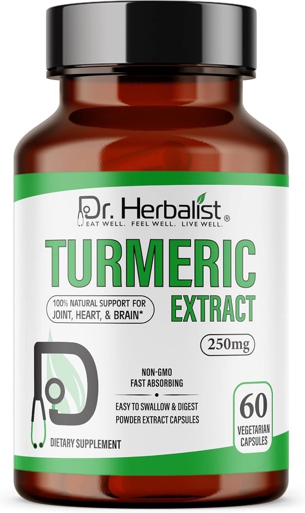 Dr. HERBALIST ターメリック クルクミン エキス 250mg – 60 ビーガンカプセル | 10:1 抽出物 = 2,500mg 生のターメリック | 生物学的に利用できるカークミノイドのために標準化 | 自然な植物ベースのサポート