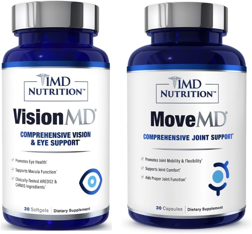 1MD Nutrition MoveMD & VisionMD Joint Support & Eye Care - Collagen, Hyaluronic Acid, Astaxanthin, OptiLut Lutein, Zeaxanthin