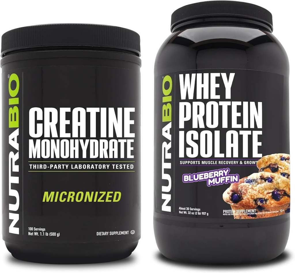NutraBioのクレアチンの Monohydrate、Unflavored、500gおよびWhey蛋白質の隔離剤、ブルーベリーのマフィン、補足の束-筋肉エネルギー、細い筋肉成長、回復および強さ