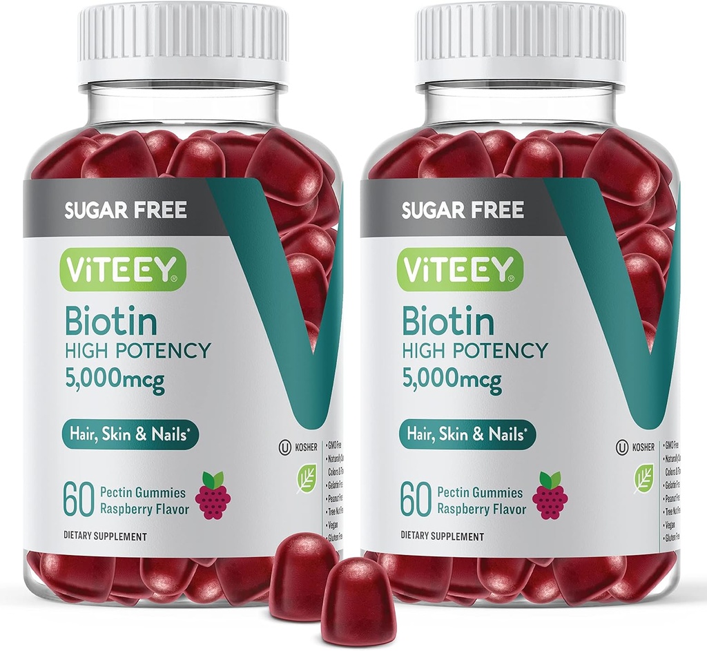 毛、皮および釘のためのVITEEYのBiotinのグミies 5,000mcg - 砂糖は放します - 毛の成長のグミ、健康な皮の白、強い健康な釘の成長 - 完全菜食主義者のグルテンフリー、ゼラチンの自由なChewable Raspberryの味