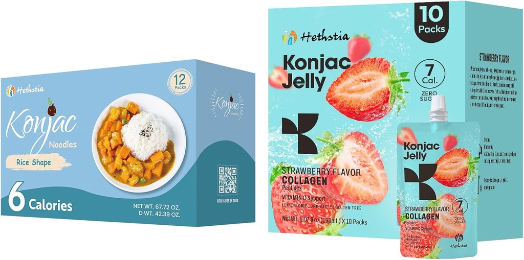 Hethstia Konjac Jelly Strawberry Flavor with Collagen Peptides 10 パックとKonjac Rice Gluten Free 12 パック 低カロリー、ケト、砂糖無料、ヘルシーフード