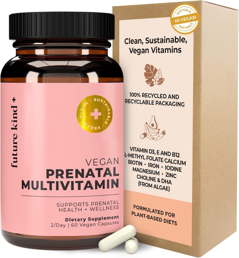 Future Kind Vegan Prenatal Vitamin with DHA & L-Methylfolate in Glass Bottle - Prenatal Folate Supplement for Women with Vitamin D & E, Iron & Biotin - Gluten-Free, Non-GMO (60ct)