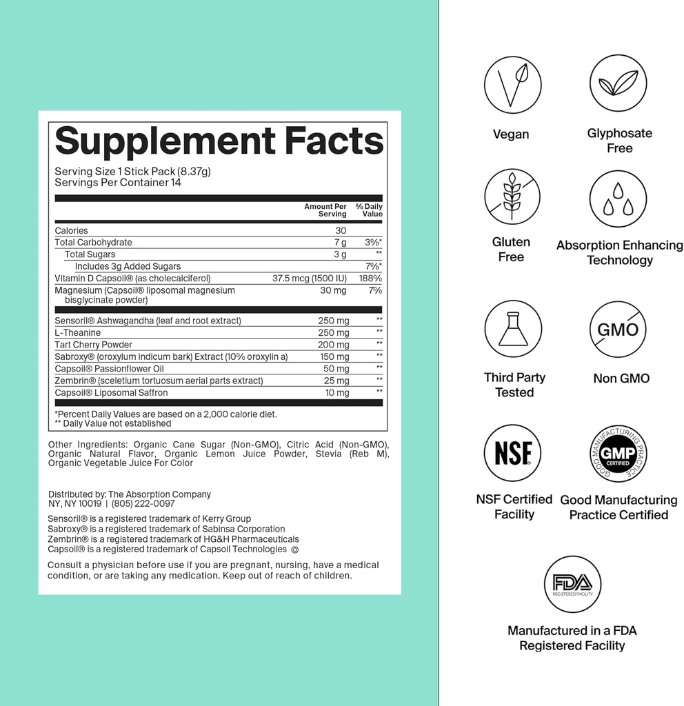 カルムドリンクミックス - マグネシウム、アシワガンダ、L-テアニン、ビタミンDとリラックスエイド - コルチゾール規制をサポートし、男性と女性のための気分 - ウォーターメロンレモネード風味7スティック