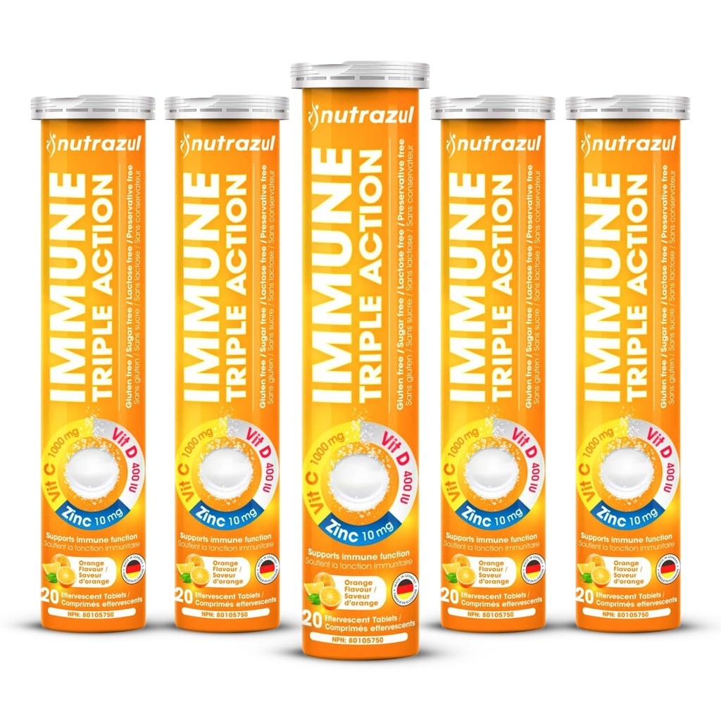 ナッツラズール免疫トリプルアクションビタミンC 1000mg、ビタミンD、亜鉛、サポート毎日のルーチン、グルテンフリー、砂糖フリー、乳糖フリー、オレンジ風味、20錠(5x20のパック)