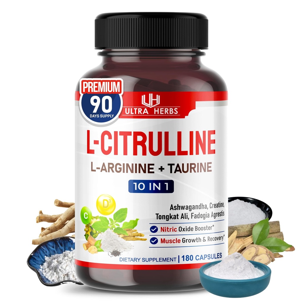 L-Citrulline サプリメントカプセルは、L-アルギニン、タウリン、クレアチン、トンカトアリ、ファドジャアグレシスで豊富に配合されています | 筋肉持久力、スタミナと回復のための超ニトリ酸化ブースター | 180 カプセル