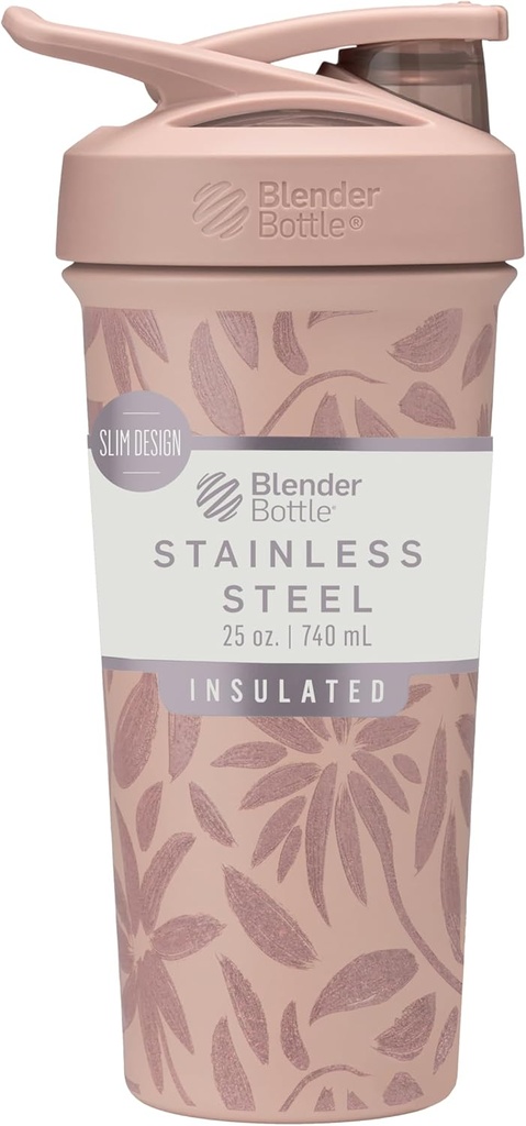 BlenderBottle Stradaのフリップ シェーカーのコップはワイヤー ウィスク、25-Ounceのブラウンの花が付いているステンレス鋼の水差しを絶縁しました
