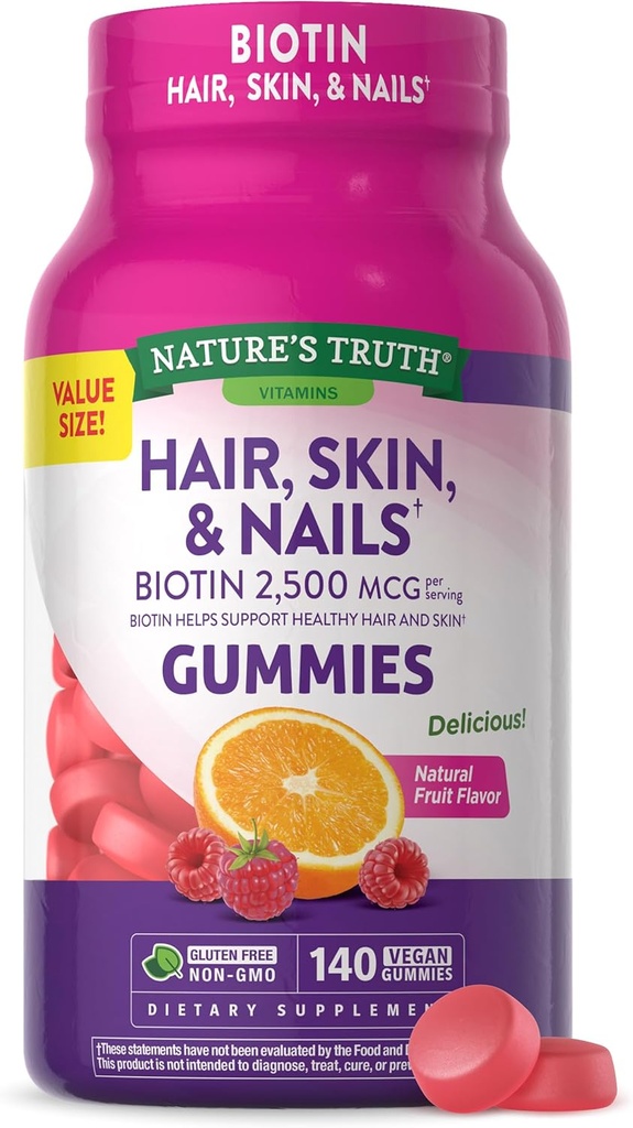 Nature's Truth Hair, Skin, and Nails Gummies | with Biotin | 140 Count | Fruit Flavor | Vegan, Non-GMO and Gluten Free Vitamin for Men and Women