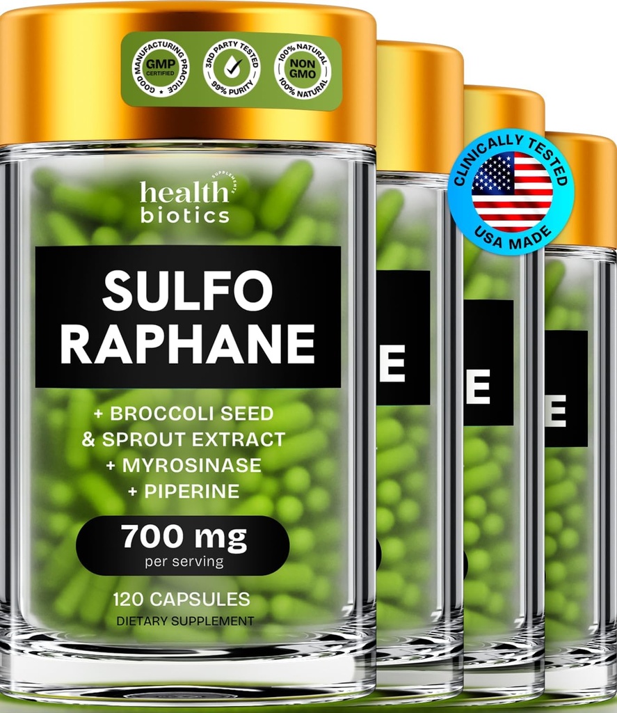 Sulforaphane Supplement Organic Broccoli Sprouts | 安定化 スルフォラファン キッズ&大人 | ブロッコリー フローレット&シード | 有機硫黄サプリメント 480 丸薬 | 4 パック