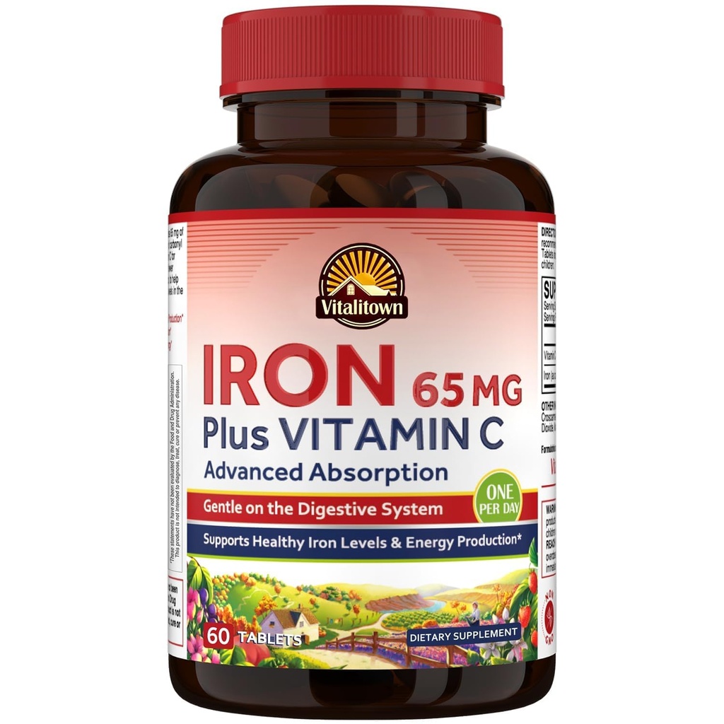 Vitalitown Iron Supplement for Women Men, High Potency 65mg Iron with Vitamin C 250mg, Less Constipating, Better for Blood Building & Energy Improvement, No Gluten, Non-GMO,60 Vegan Iron Pills