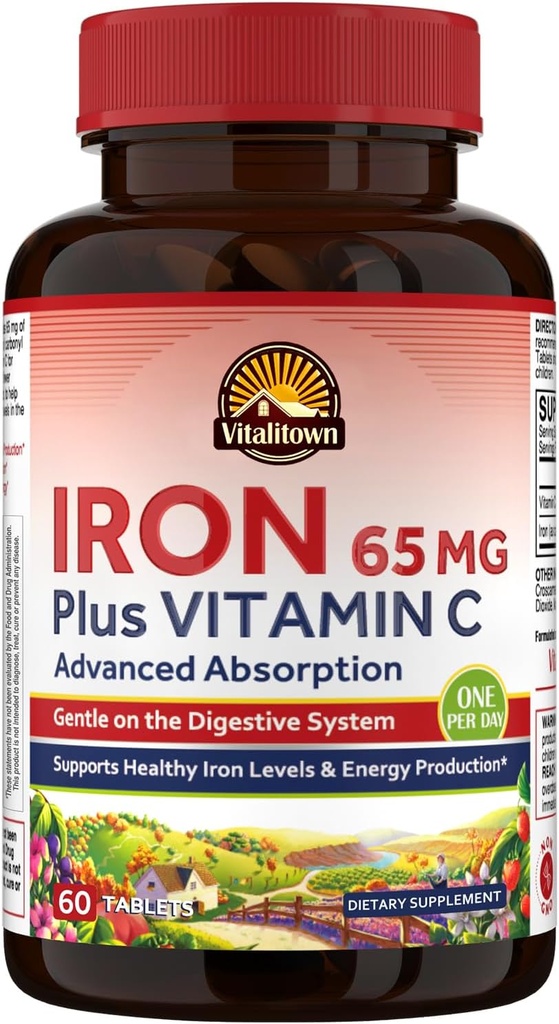 Vitalitown Iron Supplement for Women Men, Hign Potency 65mg Iron with Vitamin C 250mg, Less Constipating, Better for Blood Building & Energy Improvement, No Gluten, Non-GMO 60 Vegan Iron Pills
