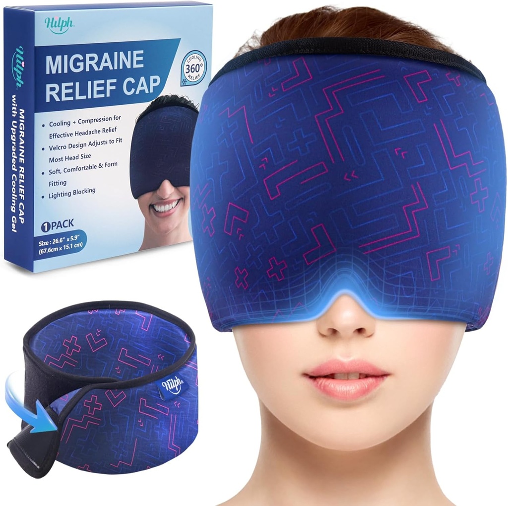Hilph Adjustable Migraine Relief Cap with Thickened Gel Cold Compress, Headache Relief Cap, Face Cooling Mask Gel Head Wrap for Tension, Stress & Hangover, Soothing Gifts for Women Men Blue