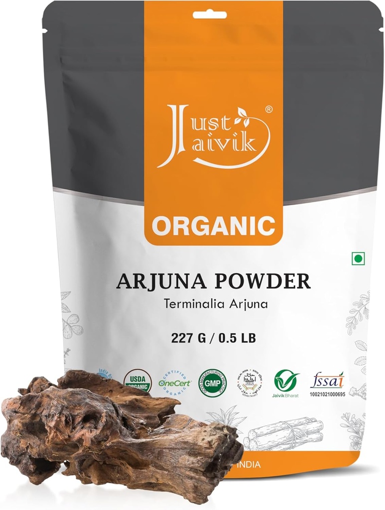 Jaivik 100%オーガニックArjunaバークパウダー(Terminalia Arjuna) 1/2 LB、08 oz、227g USDA認定オーガニック生分解性ジッパーロックポーチハートの伝統的な若返りとトニック*