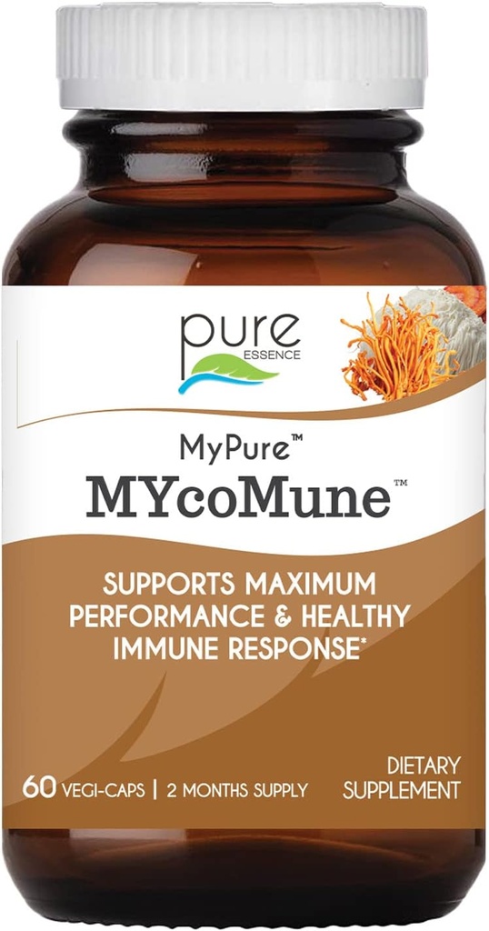 PURE ESSENCE LABS MYCOMune免疫サポートサプリメント - 濃縮有機マッシュルームパウダーエキス - Reishi, Lion's Mane, Cordyceps, Chaga, Shiitake, Maitake - 60キャップ