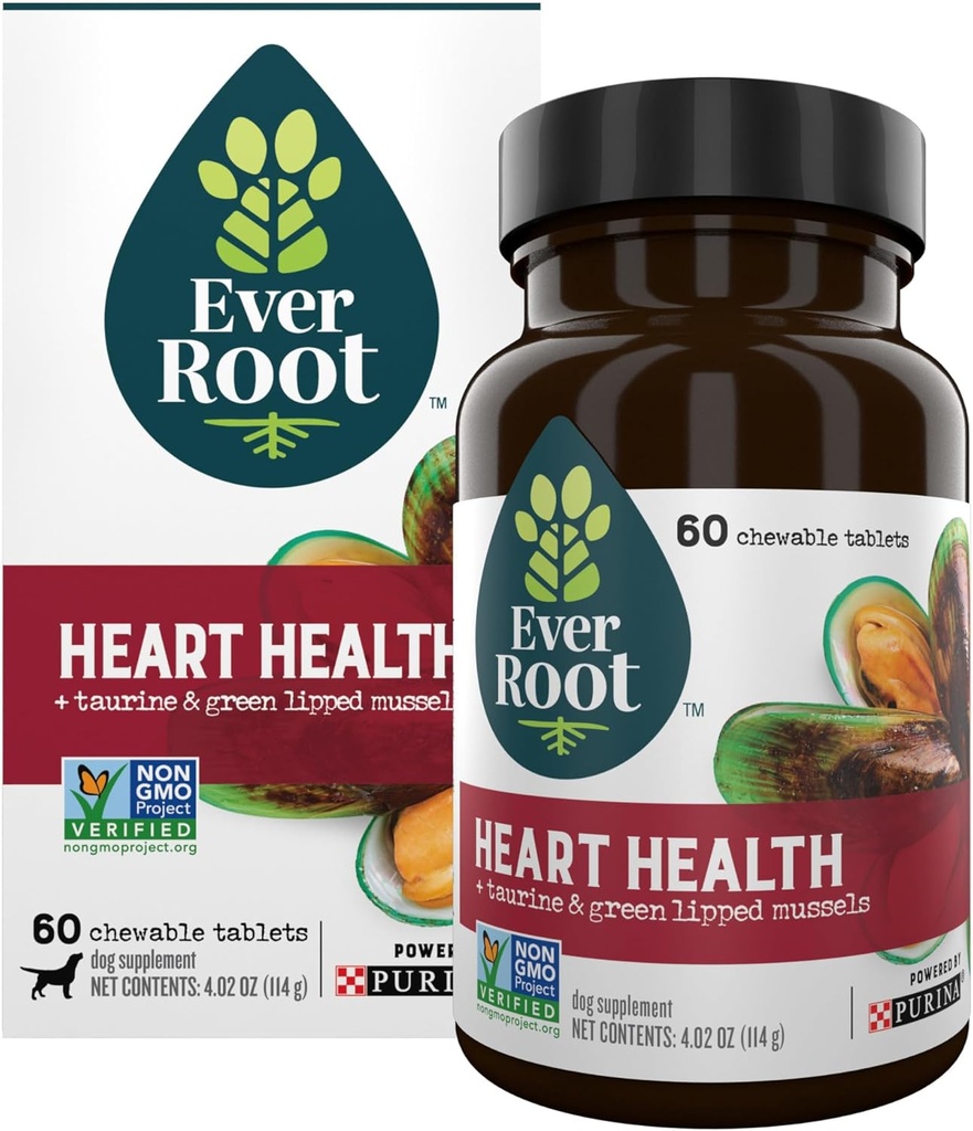EverRootドッグハートは、タウリンとグリーン・リッピング・ムール貝で心の健康の病気のタブレットを補います - 4.02 oz. キャニスター