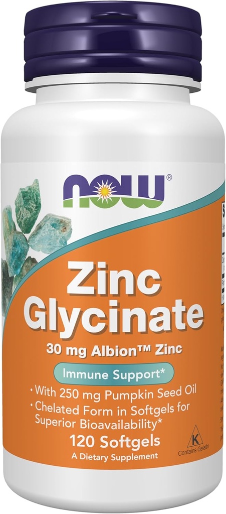 NOW Foods Supplements, Zinc Glycinate with 250 mg Pumpkin Seed Oil, Supports Prostate Health*, 120 Softgels (Packaging May Vary)