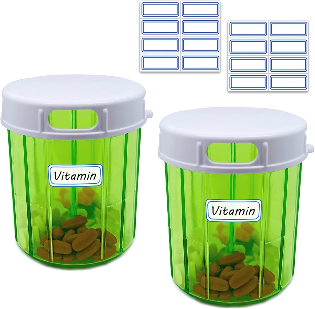 Pill Organizer 4 Compartment 2PCS Pill Dispenser Large Portable Pill Box Monthly Medicine Organizer for Pills, Fish Oils, Vitamins, Supplements (Pill Case 2 Pack + Self Adhesive Labels)