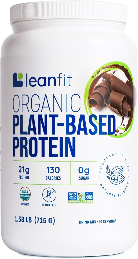 LeanFitオーガニック植物ベースのプロテインパウダー、ナチュラルチョコレート味 - ビーガン、USDAオーガニック認定、大豆フリー、乳液フリー、砂糖フリー、非GMO - 21gタンパク質、18サービング、1.58ポンドチューブ