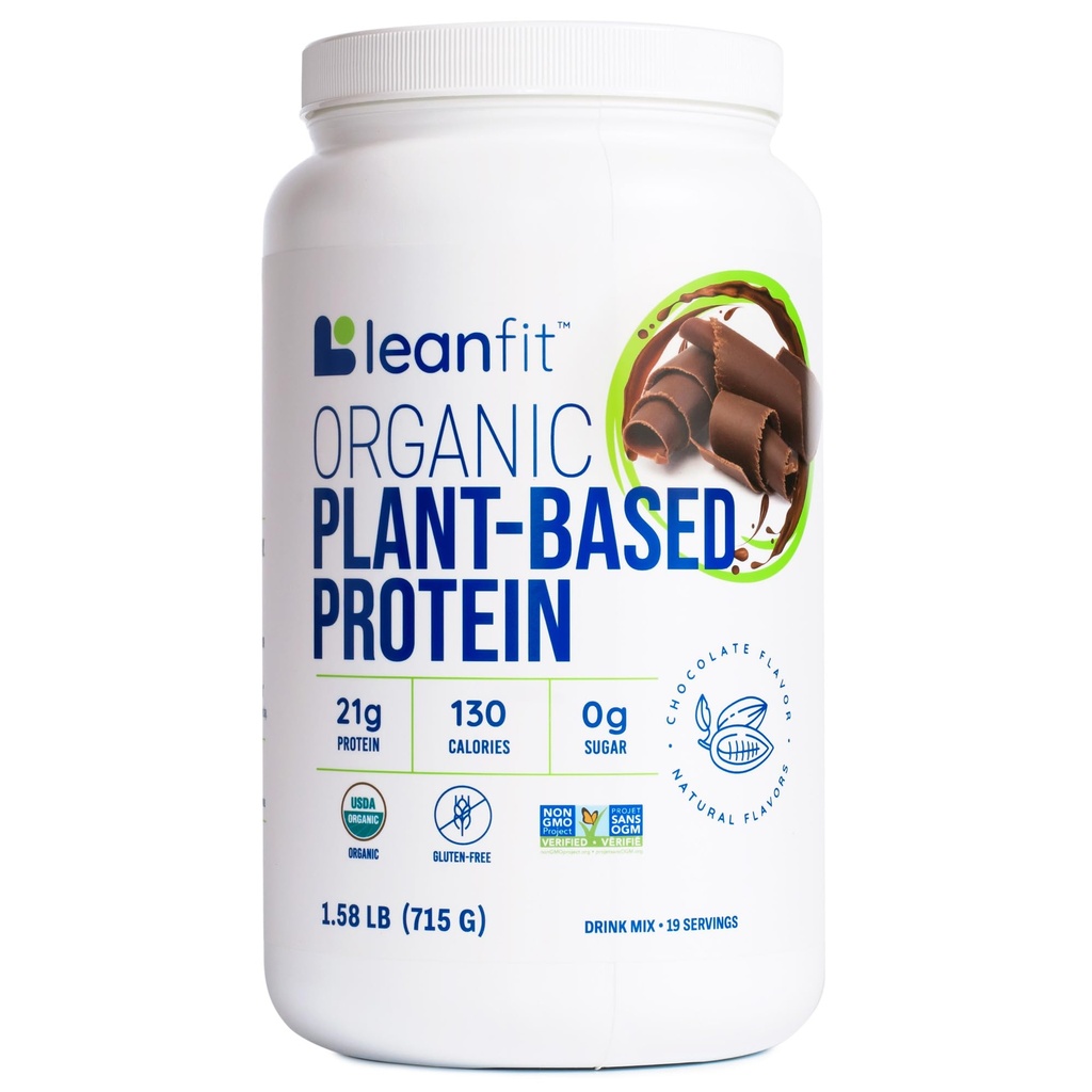 LeanFitオーガニック植物ベースのプロテインパウダー、ナチュラルチョコレート味 - ビーガン、USDAオーガニック認定、大豆フリー、乳液フリー、砂糖フリー、非GMO - 21gタンパク質、18サービング、1.58ポンドチューブ