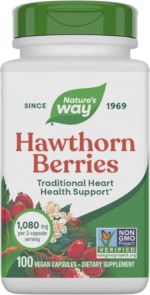 Nature's Way Herbal Hawthorn Berries、伝統心の健康サポート*、100ビーガンカプセル(パッケージ5月Vary)