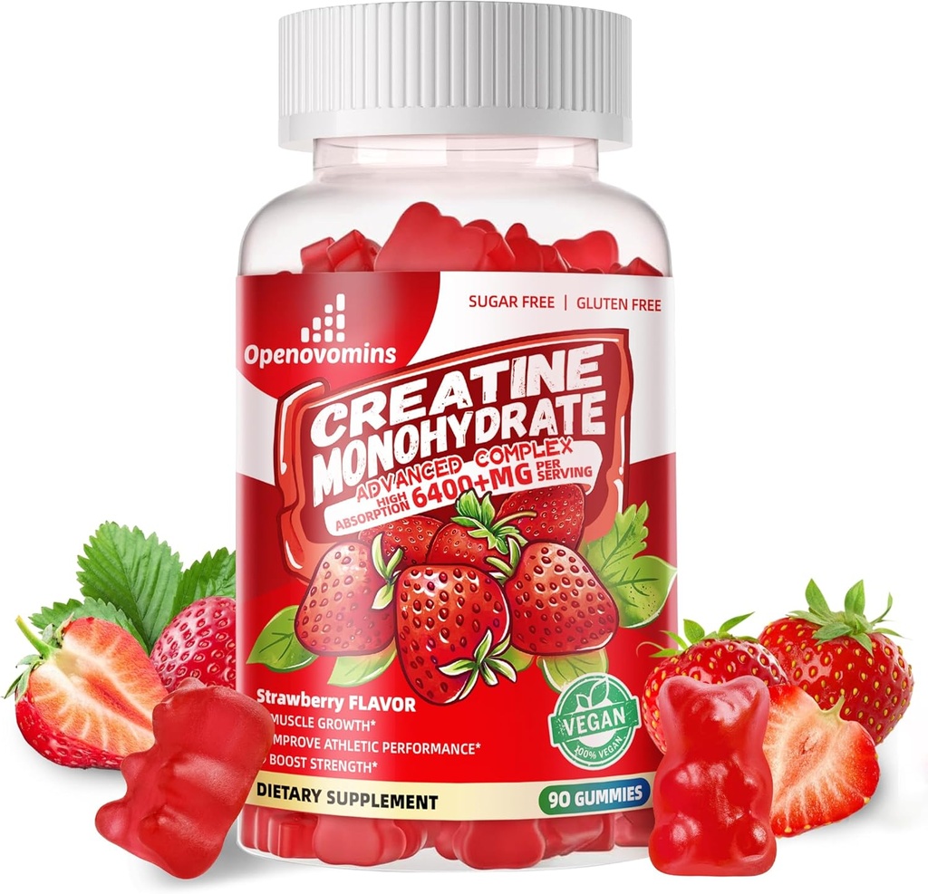 Creatine Monohydrate Gummies Complex for Men & Women -Advanced Formula W/L-Taurine + Vitamin B12, Sugar Free Chewable Supplement,90 Strawberry Gummies