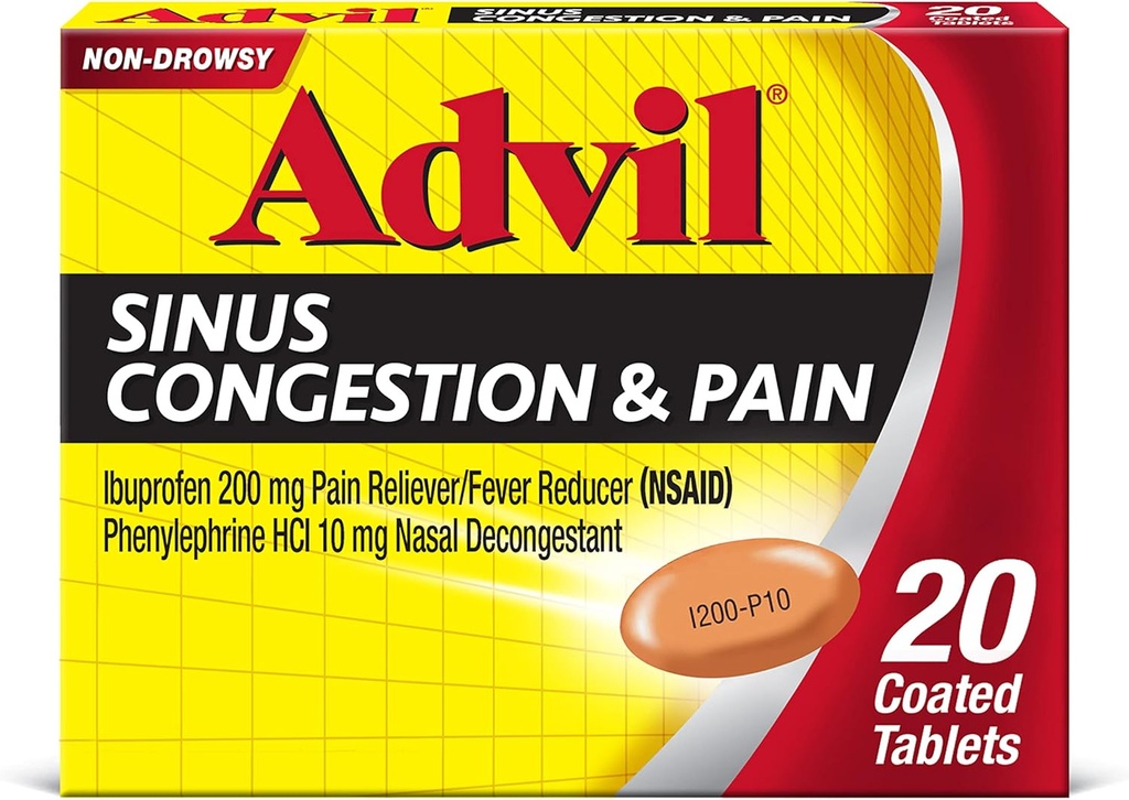 Advil Sinus Congestion and Pain, Sinus Relief Medicine, Pain Reliever and Fever Reducer with Ibuprofen and Phenylephrine HCl - 20 Coated Tablets