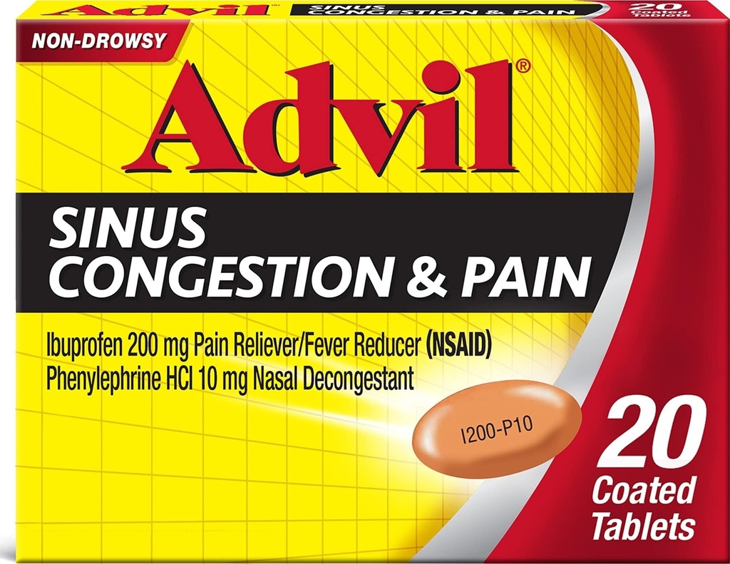 AdvilのSinusの輻輳および苦痛、Sinusの救助の薬、IbuprofenおよびPhenylephrine HCl - 20の上塗を施してあるタブレットが付いている痛みのRelieverおよびFeverの減力剤