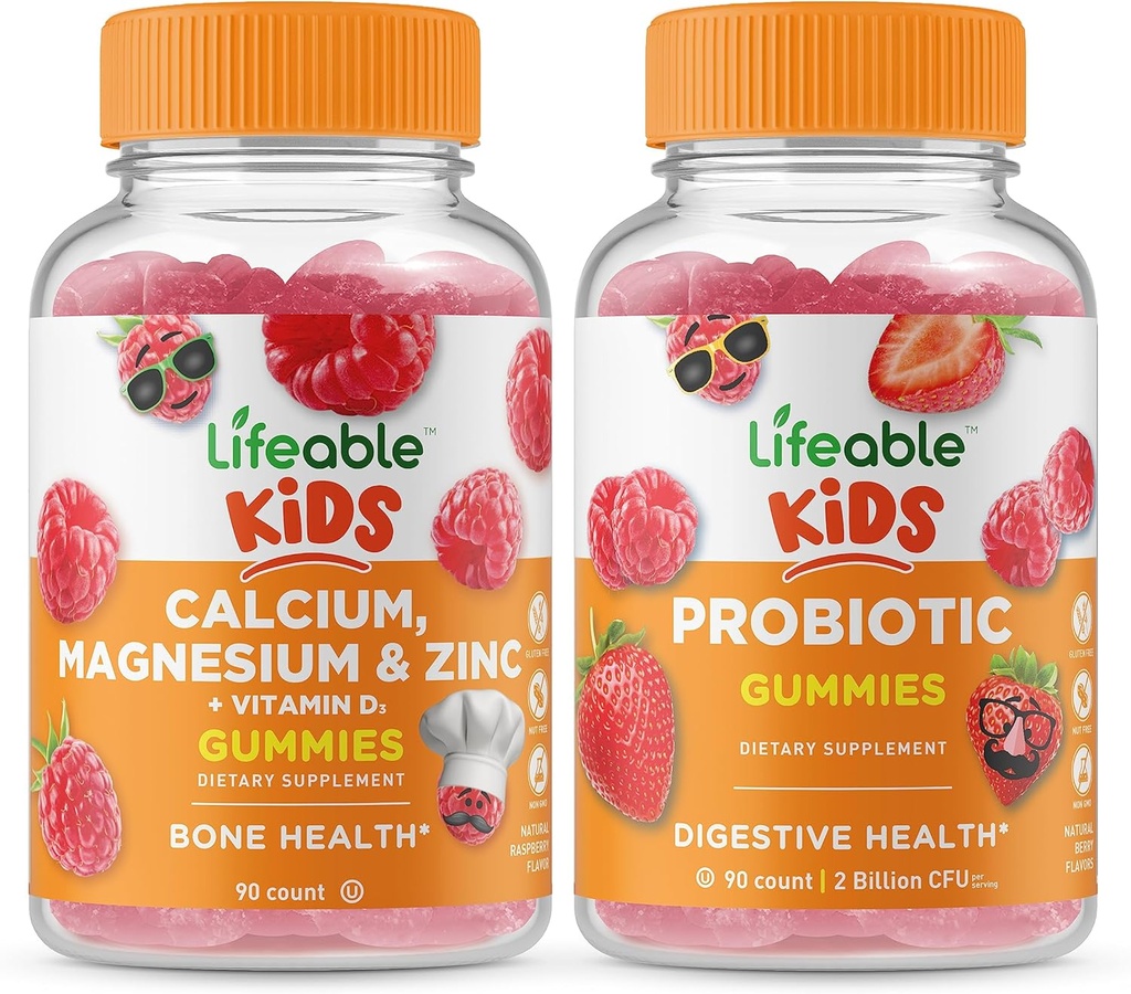 Lifeable Calcium Magnesium & Zinc Kids + Probiotic 2 Billion CFU Kids, Gummies Bundle - Great Tasting, Vitamin Supplement, Gluten Free, GMO Free, Chewable Gummy